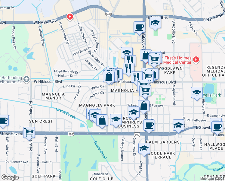 map of restaurants, bars, coffee shops, grocery stores, and more near 1508 Glendon Drive in Melbourne
