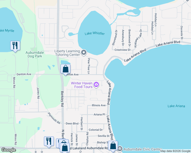 map of restaurants, bars, coffee shops, grocery stores, and more near 102 Lakeview Drive in Auburndale