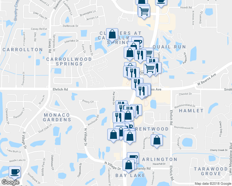 map of restaurants, bars, coffee shops, grocery stores, and more near 3802 Ehrlich Road in Tampa