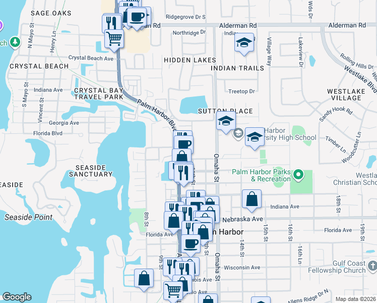 map of restaurants, bars, coffee shops, grocery stores, and more near 1785 Orange Boulevard Way in Palm Harbor