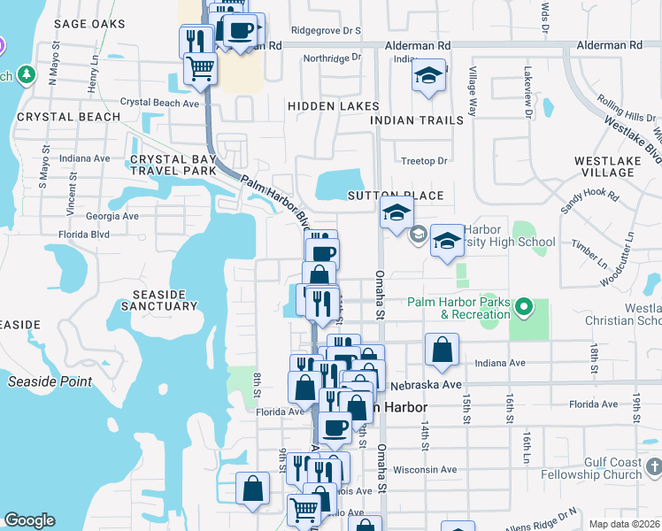 map of restaurants, bars, coffee shops, grocery stores, and more near 1785 Orange Boulevard Way in Palm Harbor