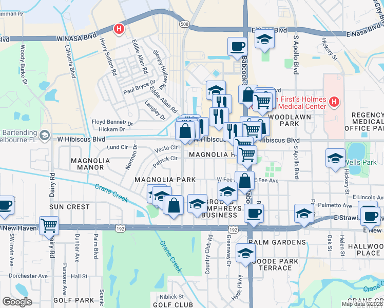 map of restaurants, bars, coffee shops, grocery stores, and more near 1508 Glendon Drive in Melbourne