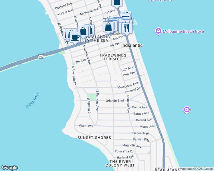 map of restaurants, bars, coffee shops, grocery stores, and more near 305 12th Terrace in Indialantic