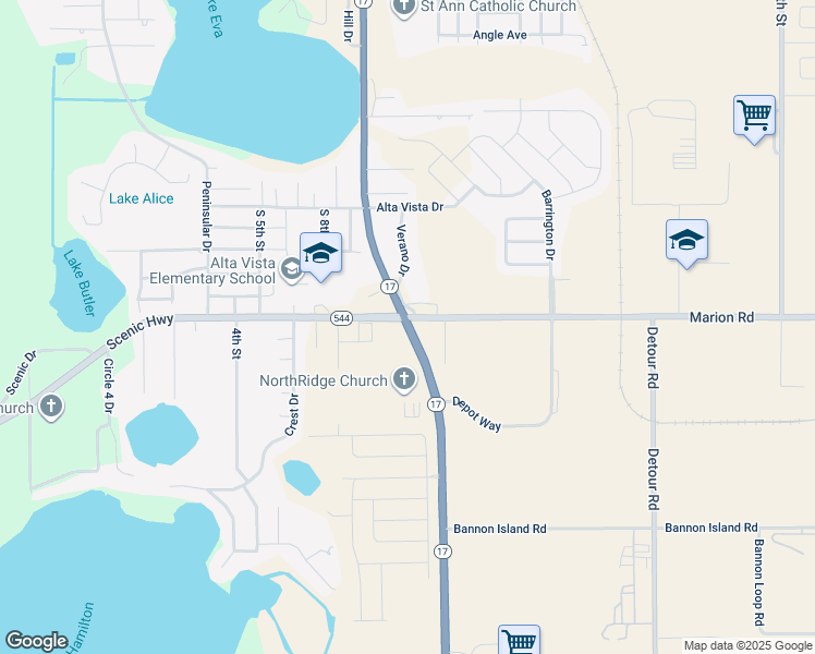 map of restaurants, bars, coffee shops, grocery stores, and more near Florida 17 in Haines City