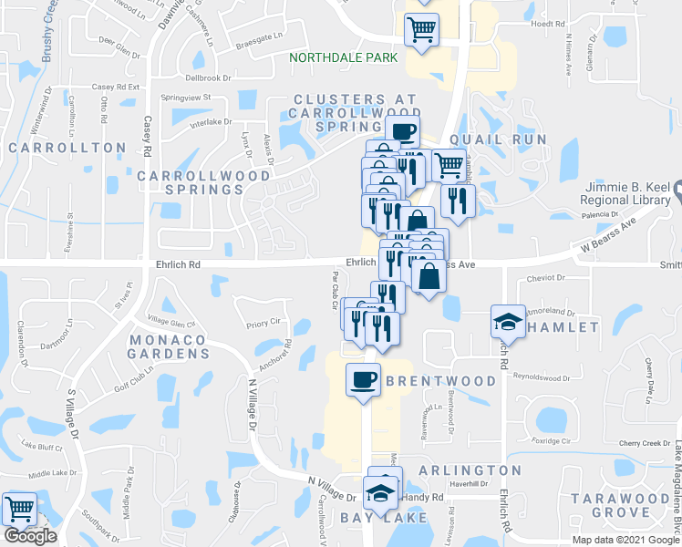 map of restaurants, bars, coffee shops, grocery stores, and more near 14607 Par Club Circle in Tampa