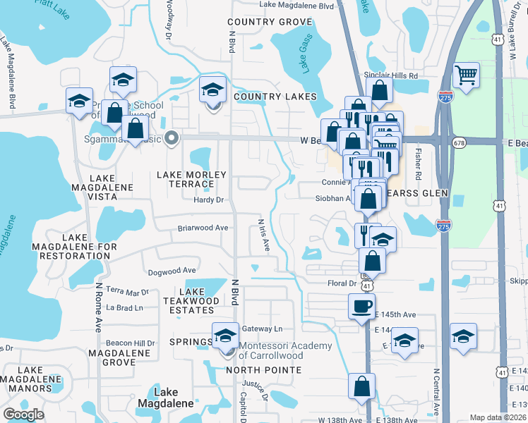 map of restaurants, bars, coffee shops, grocery stores, and more near 14825 North Iris Avenue in Tampa
