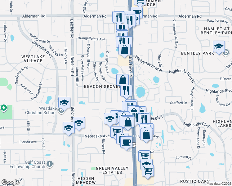 map of restaurants, bars, coffee shops, grocery stores, and more near 1790 East Orangeside Road in Palm Harbor