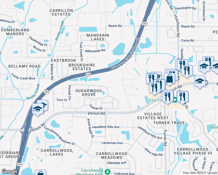 map of restaurants, bars, coffee shops, grocery stores, and more near 5447 Pentail Circle in Tampa