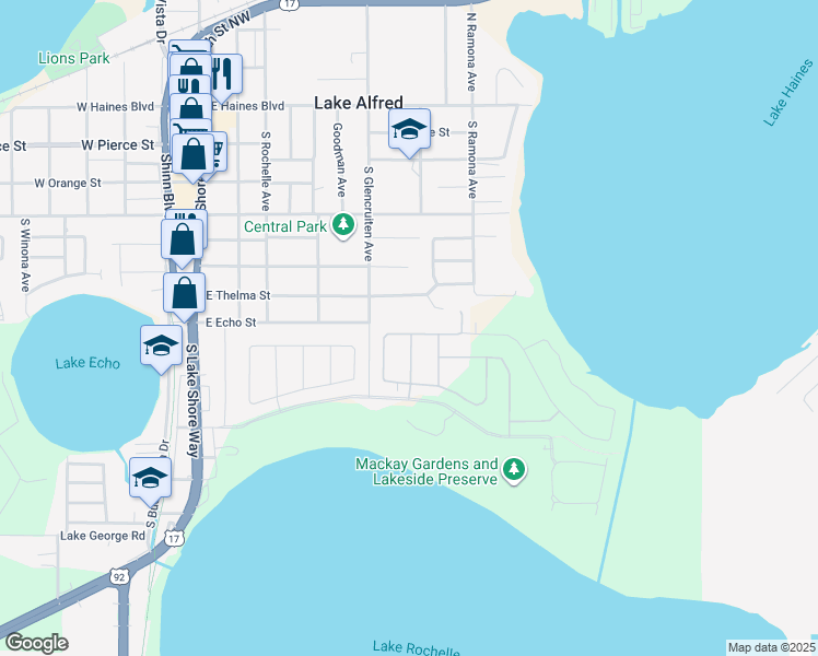 map of restaurants, bars, coffee shops, grocery stores, and more near 501 Interlock Street in Lake Alfred