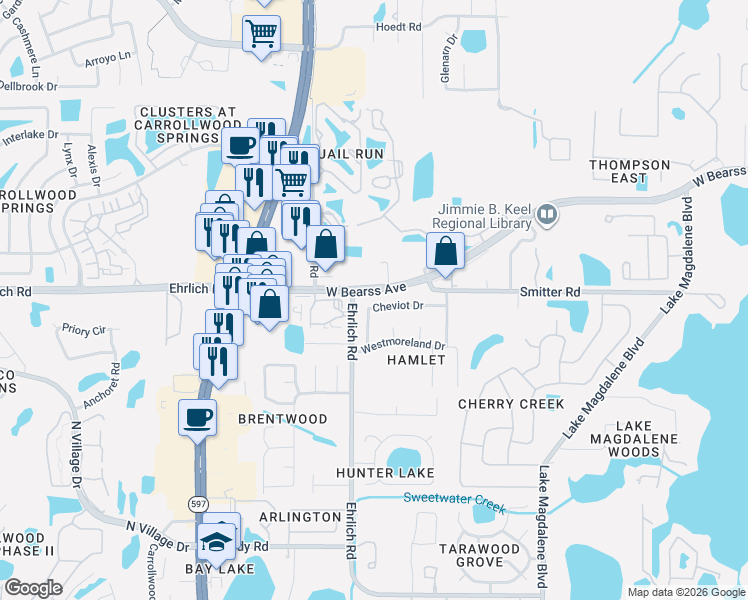 map of restaurants, bars, coffee shops, grocery stores, and more near 3321 Cheviot Drive in Tampa