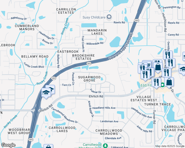 map of restaurants, bars, coffee shops, grocery stores, and more near 5504 Pentail Circle in Tampa