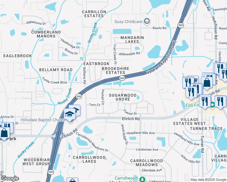 map of restaurants, bars, coffee shops, grocery stores, and more near 5522 Pentail Circle in Tampa
