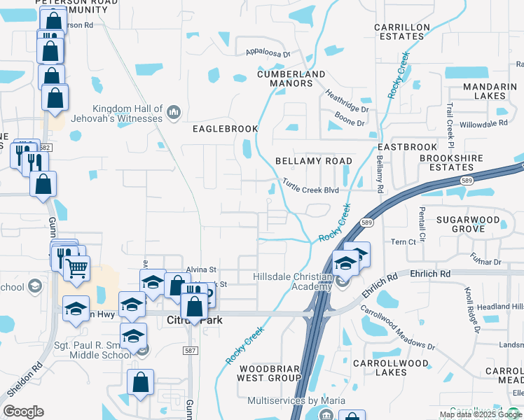 map of restaurants, bars, coffee shops, grocery stores, and more near 14906 Swiftwater Way in Tampa