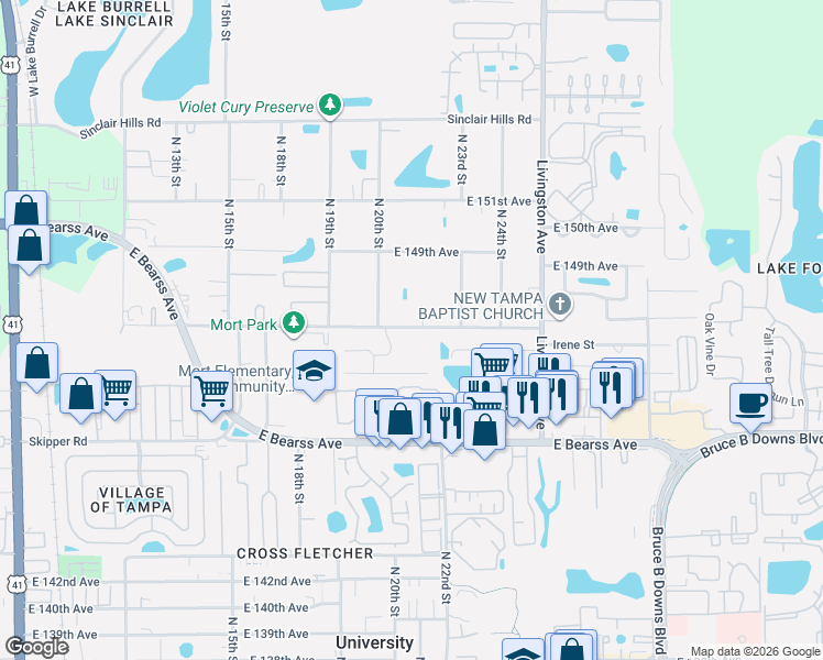 map of restaurants, bars, coffee shops, grocery stores, and more near 2010 East 148th Avenue in Wesley Chapel