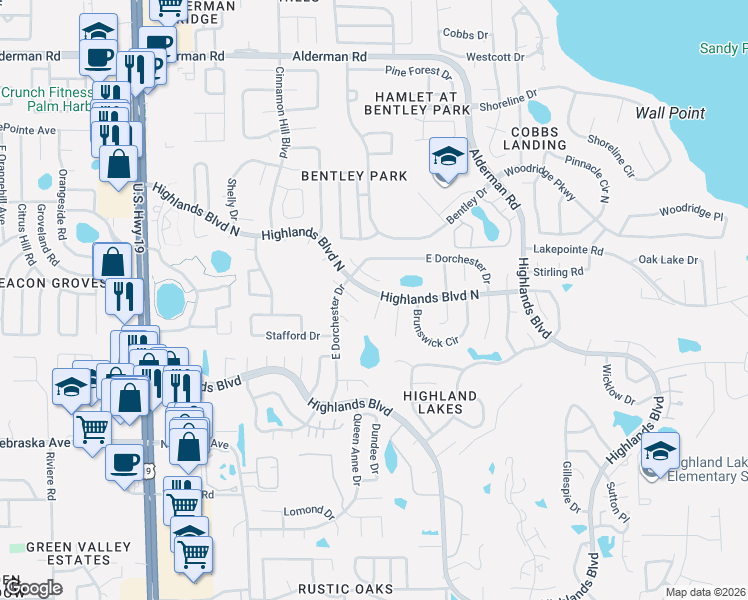 map of restaurants, bars, coffee shops, grocery stores, and more near 1664 Bentley Court in Palm Harbor