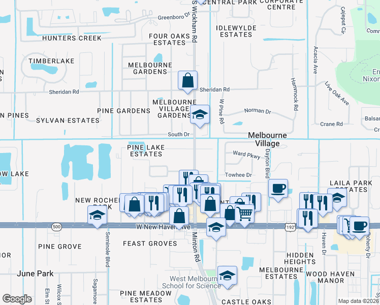 map of restaurants, bars, coffee shops, grocery stores, and more near 1420 South Wickham Road in West Melbourne
