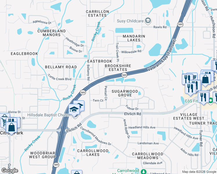 map of restaurants, bars, coffee shops, grocery stores, and more near 5532 Pentail Circle in Tampa