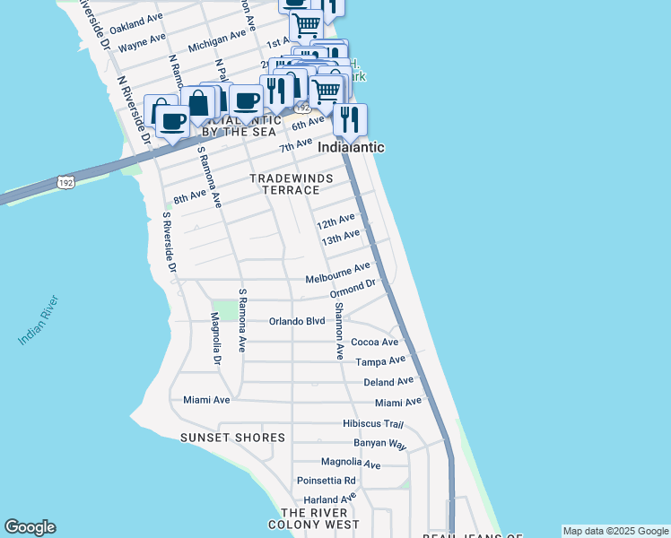 map of restaurants, bars, coffee shops, grocery stores, and more near 1001 Shannon Avenue in Indialantic