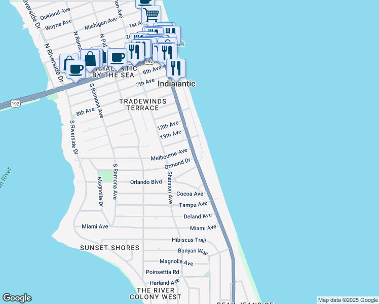 map of restaurants, bars, coffee shops, grocery stores, and more near 101 Melbourne Avenue in Indialantic