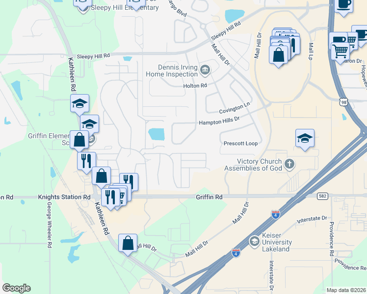 map of restaurants, bars, coffee shops, grocery stores, and more near 3660 Madbury Circle in Lakeland