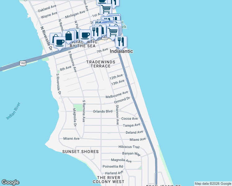 map of restaurants, bars, coffee shops, grocery stores, and more near 1005 Shannon Avenue in Indialantic
