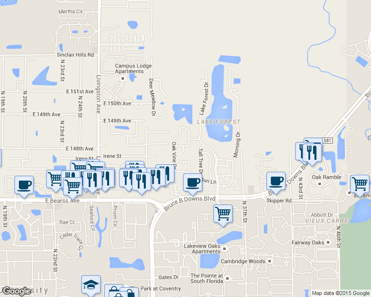 map of restaurants, bars, coffee shops, grocery stores, and more near 14840 Oak Vine Drive in Lutz