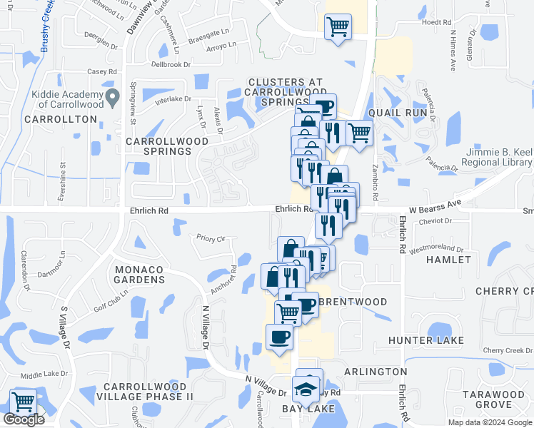 map of restaurants, bars, coffee shops, grocery stores, and more near 14922 Par Club Circle in Tampa