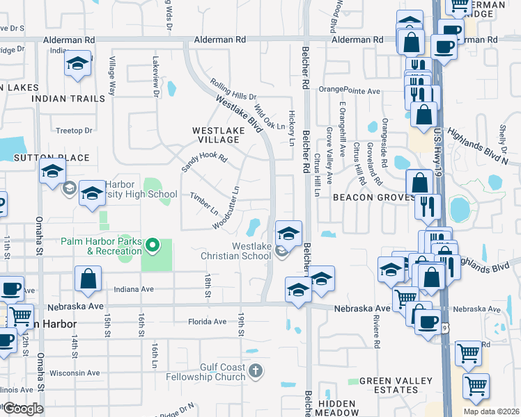 map of restaurants, bars, coffee shops, grocery stores, and more near 13 Lakeview Drive in Palm Harbor