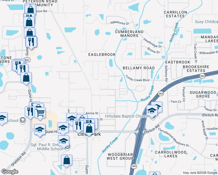 map of restaurants, bars, coffee shops, grocery stores, and more near 7405 Avonwood Street in Tampa
