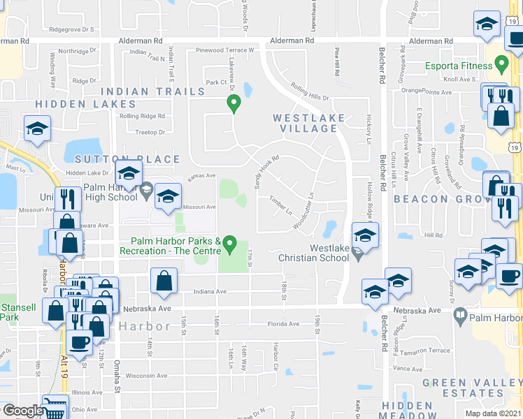 map of restaurants, bars, coffee shops, grocery stores, and more near 550 Sandy Hook Road in Palm Harbor