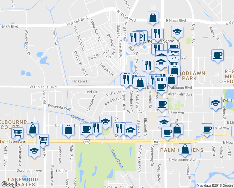 map of restaurants, bars, coffee shops, grocery stores, and more near 309 Vesta Circle in Melbourne