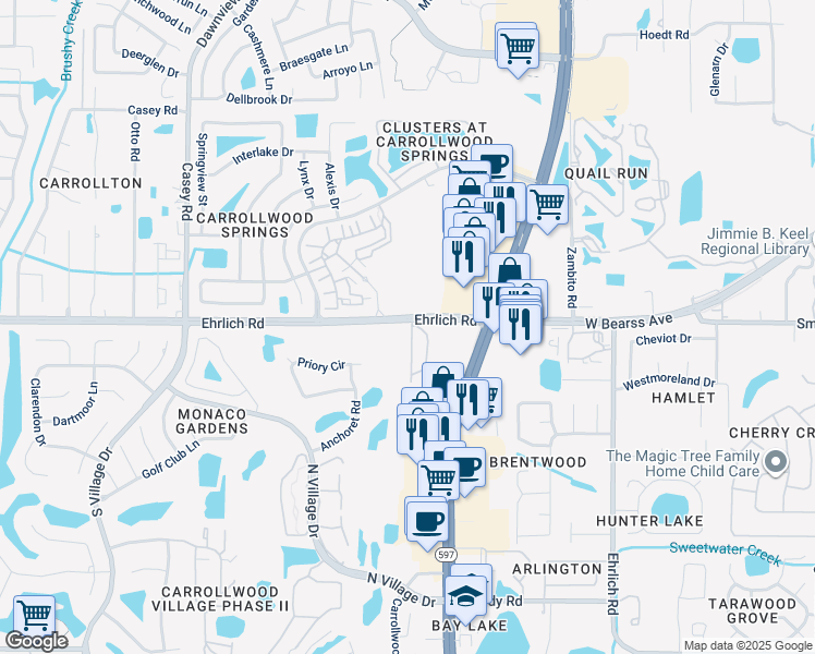 map of restaurants, bars, coffee shops, grocery stores, and more near 14922 Par Club Circle in Tampa