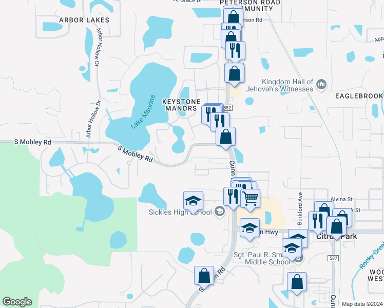 map of restaurants, bars, coffee shops, grocery stores, and more near 8841 South Mobley Road in Tampa