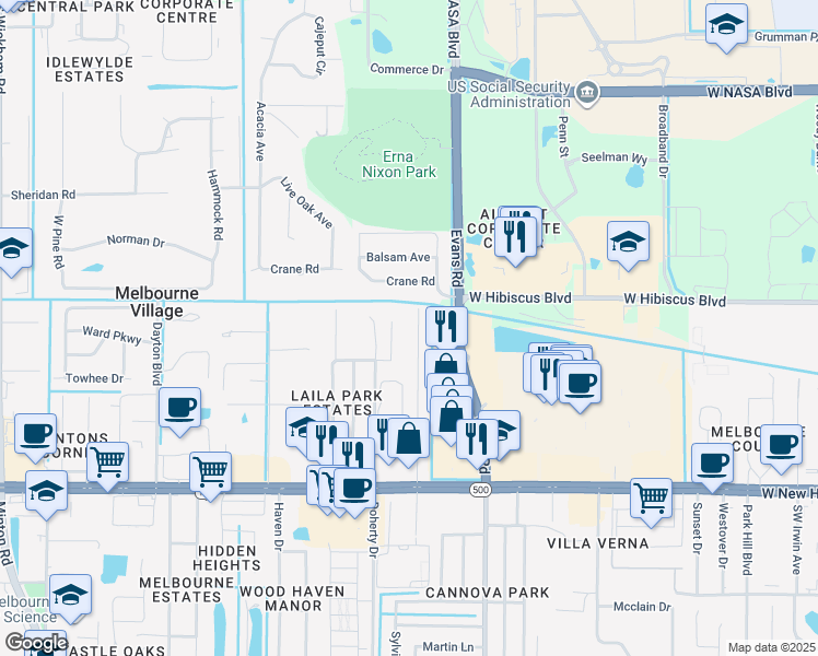 map of restaurants, bars, coffee shops, grocery stores, and more near 315 Bry Lynn Drive in Melbourne