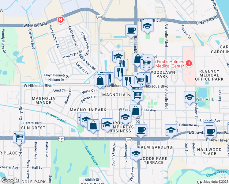 map of restaurants, bars, coffee shops, grocery stores, and more near 129 West Hibiscus Boulevard in Melbourne