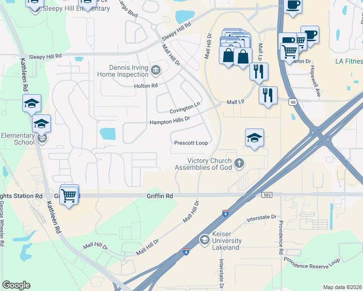 map of restaurants, bars, coffee shops, grocery stores, and more near 3675 Prescott Loop in Lakeland