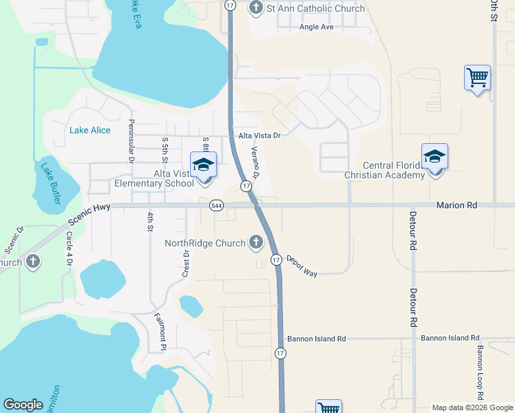 map of restaurants, bars, coffee shops, grocery stores, and more near Florida 17 in Haines City