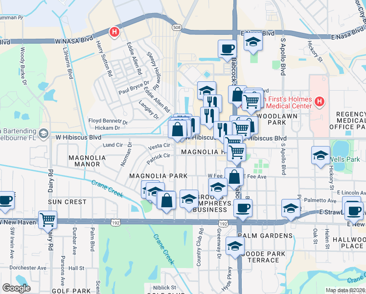map of restaurants, bars, coffee shops, grocery stores, and more near 1508 Glendon Drive in Melbourne