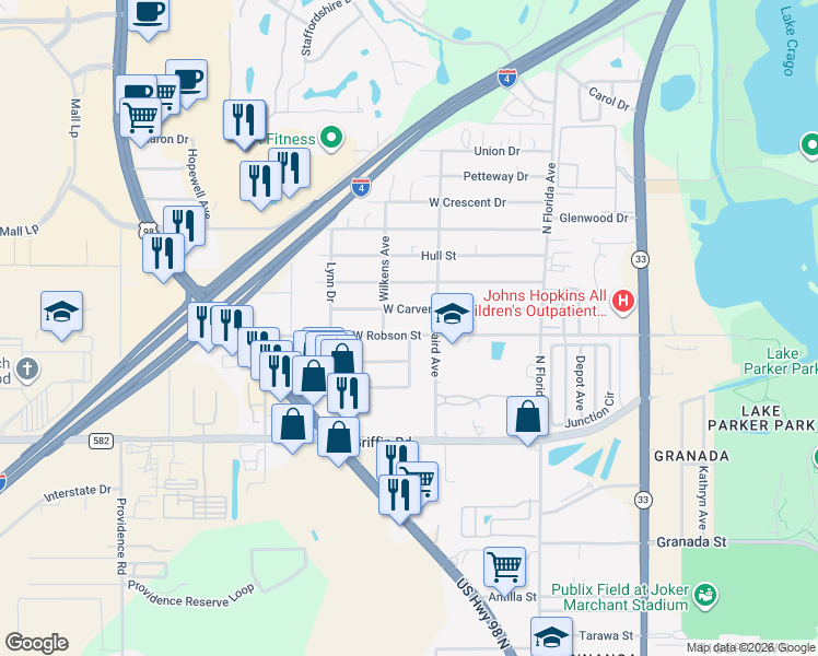 map of restaurants, bars, coffee shops, grocery stores, and more near 521 West Robson Street in Lakeland