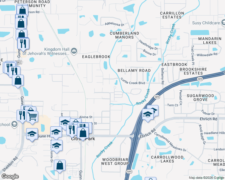 map of restaurants, bars, coffee shops, grocery stores, and more near 14906 Swiftwater Way in Tampa