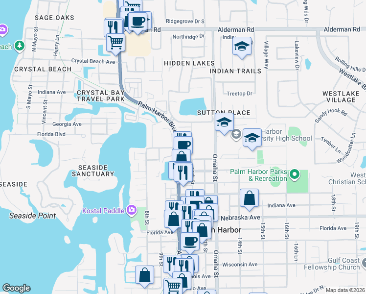 map of restaurants, bars, coffee shops, grocery stores, and more near 1785 Orange Boulevard Way in Palm Harbor