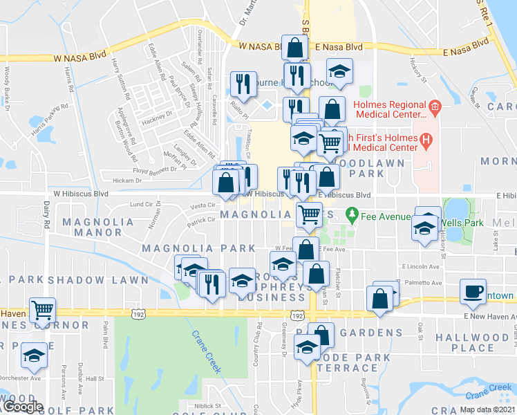 map of restaurants, bars, coffee shops, grocery stores, and more near 129 West Hibiscus Boulevard in Melbourne