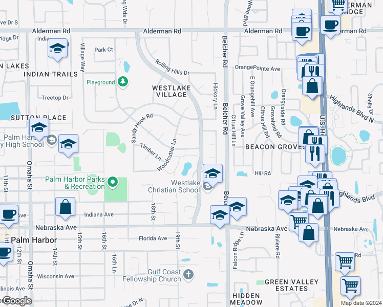 map of restaurants, bars, coffee shops, grocery stores, and more near 13 Lakeview Drive in Palm Harbor