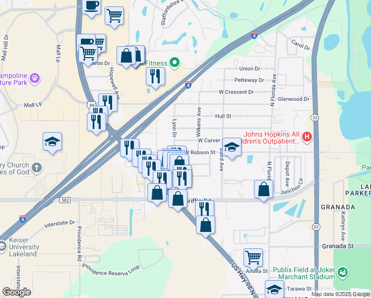 map of restaurants, bars, coffee shops, grocery stores, and more near 701 West Robson Street in Lakeland
