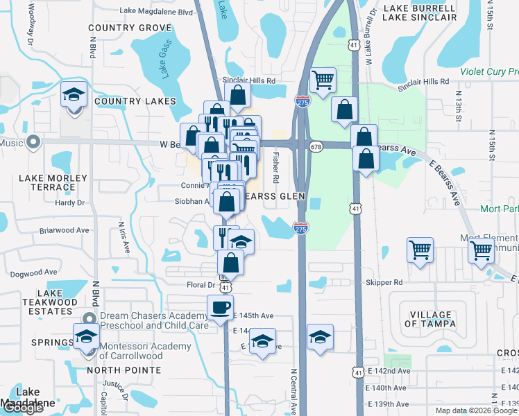map of restaurants, bars, coffee shops, grocery stores, and more near 14815 Millstream Way in Tampa