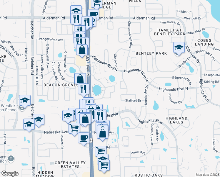 map of restaurants, bars, coffee shops, grocery stores, and more near 1750 Pine Ridge Way West in Palm Harbor