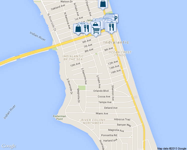 map of restaurants, bars, coffee shops, grocery stores, and more near 305 12th Terrace in Indialantic