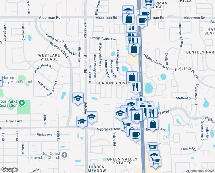map of restaurants, bars, coffee shops, grocery stores, and more near 1737 East Groveleaf Avenue in Palm Harbor