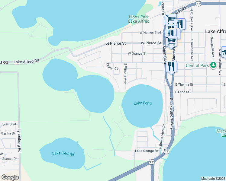map of restaurants, bars, coffee shops, grocery stores, and more near 775 South Ilakee Avenue in Lake Alfred