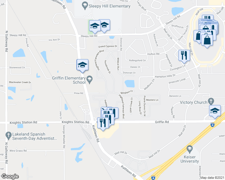 map of restaurants, bars, coffee shops, grocery stores, and more near 3312 Innisbrook Drive in Lakeland